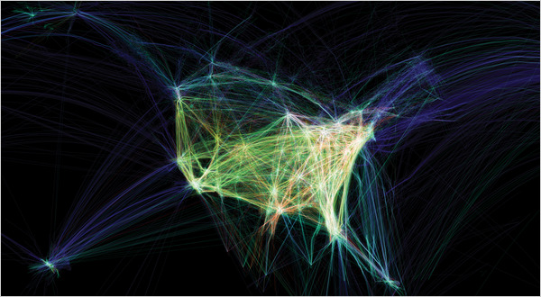 Aaron Koblin’s “Flight Patterns” shows a real-time image of the aircraft flight paths over the United States. Courtesy of the Victoria & Albert museum