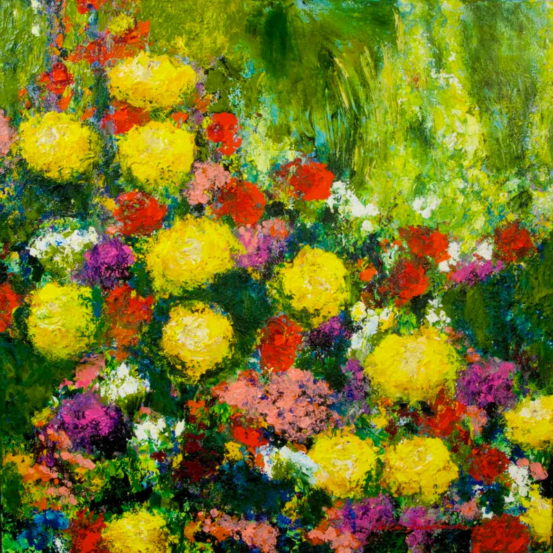 impressionist painting of bright flowers yellow green pink red and purple