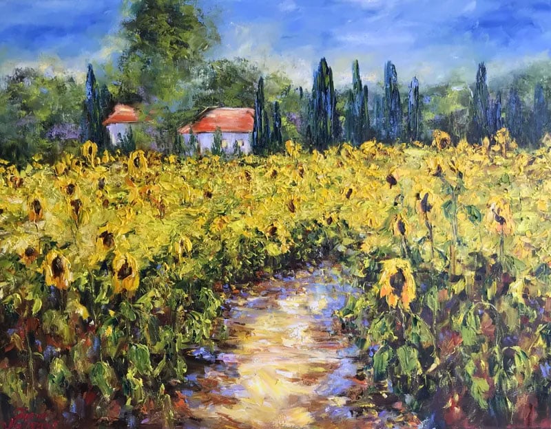 impressionist painting of a field of sunflowers with a small house and trees in the distance