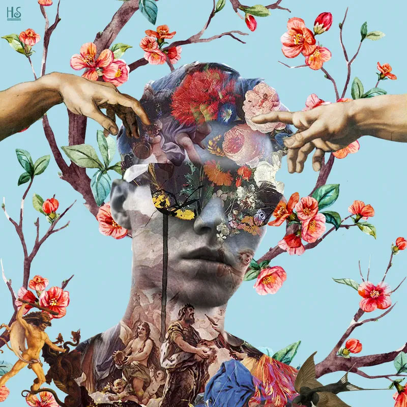 Blow your mind - decoupage of a man's face and flowers on branches