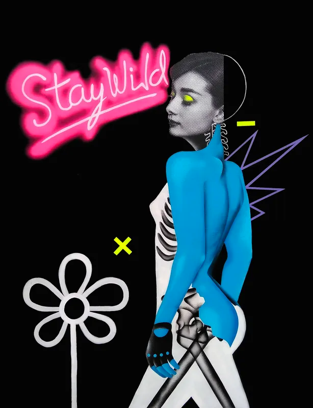 Pop art composite of Audrey Hepburn with a skeleton body and blue back, stay wild in pink letters