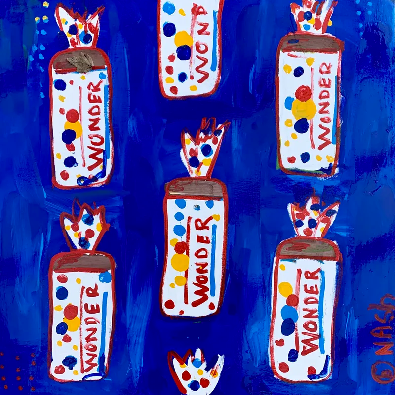 Floating loaves of wonder bread repeated on a blue background