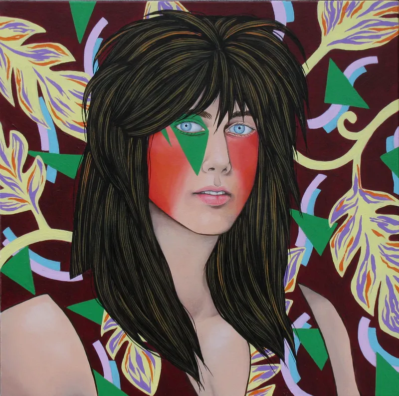 Colourful painting of a metal head with leaves in the background