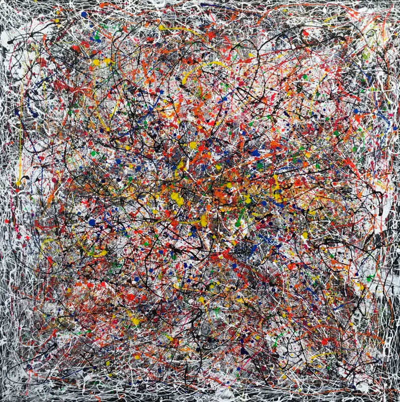 large square abstract painting with various colorful paint splashes