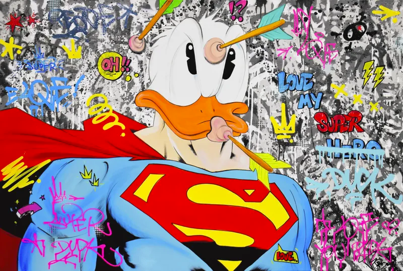 Super duck - mixed media image of a muscular Donald Duck dressed as superman