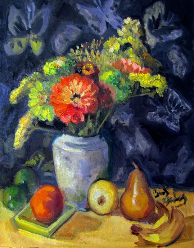 Still life art of fruit and flowers