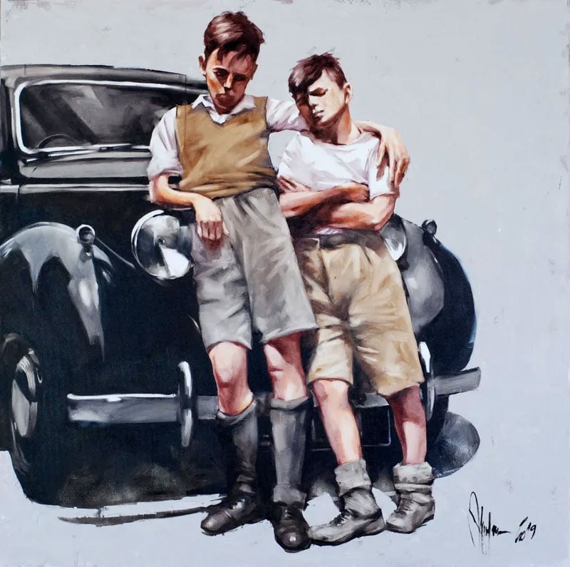 painting of two boys leaning against a car