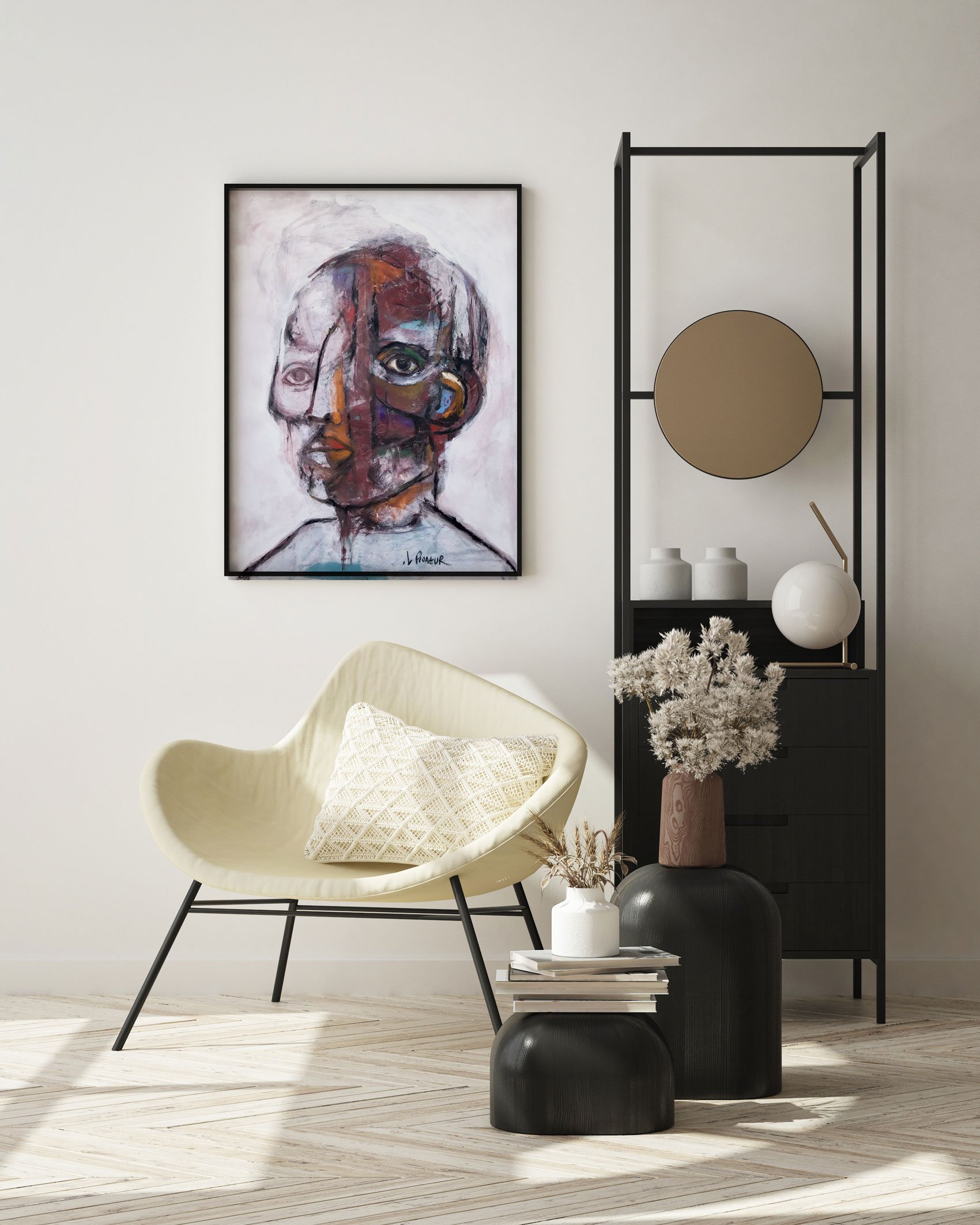 abstract face art in room