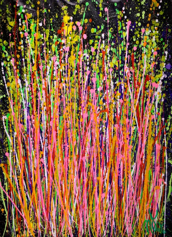 abstract expressionist painting in yellow, green, pink and orange on black background